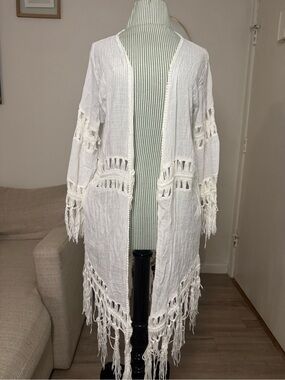 Vivid White Crochet Fringe Open Front Kimono Cardigan L